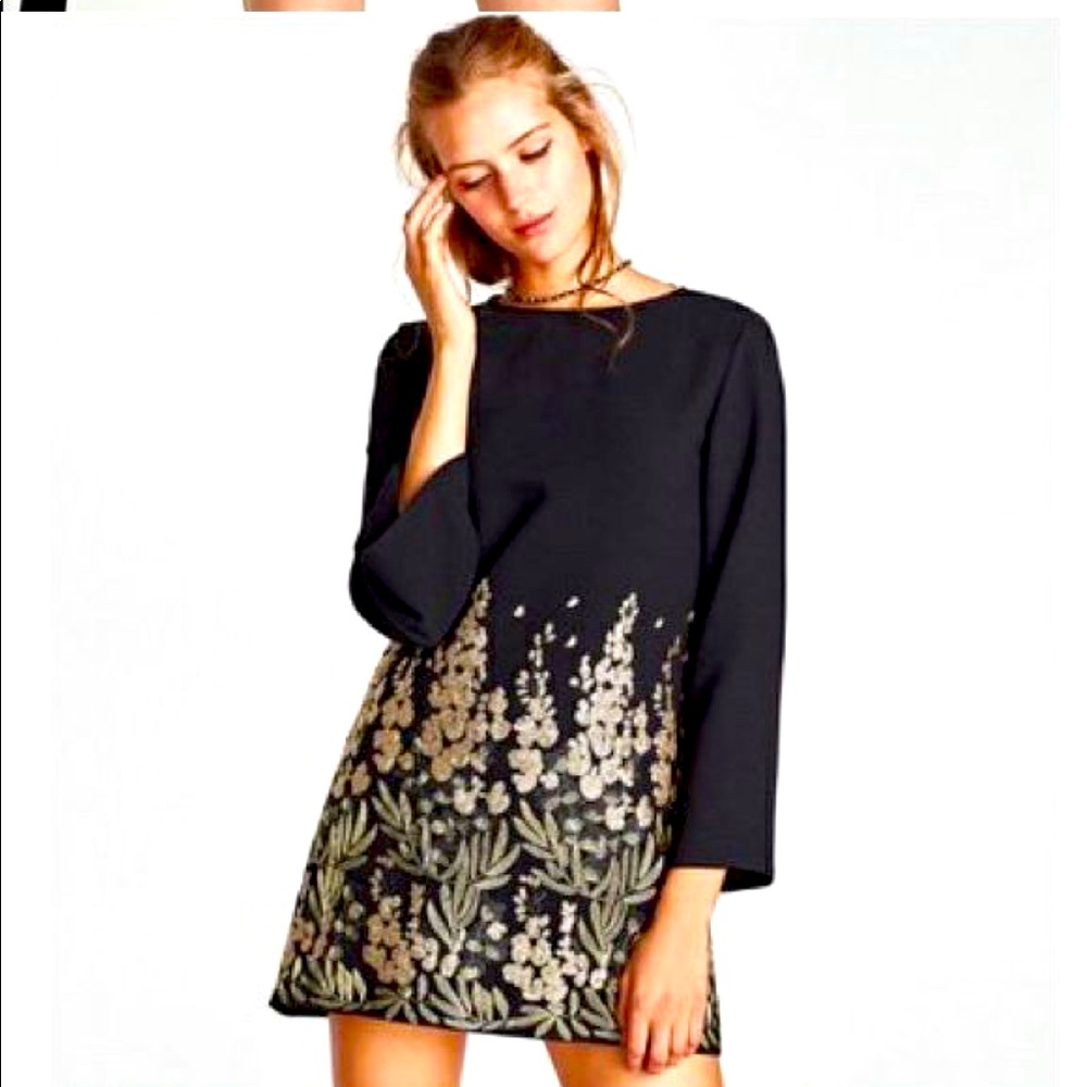 New Zara black sold out holiday sequin embroidered black dress sz xs